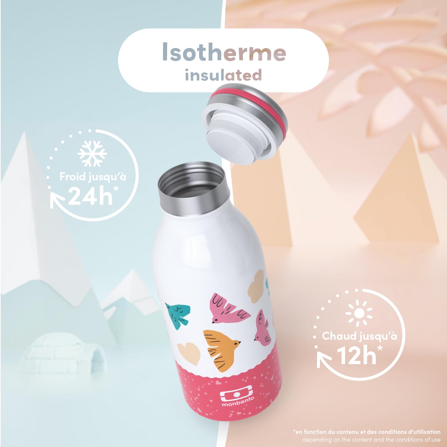 monbento-mb-cooly-gourde-isotherme-enfant-350ml-rose-birds-inox image 2