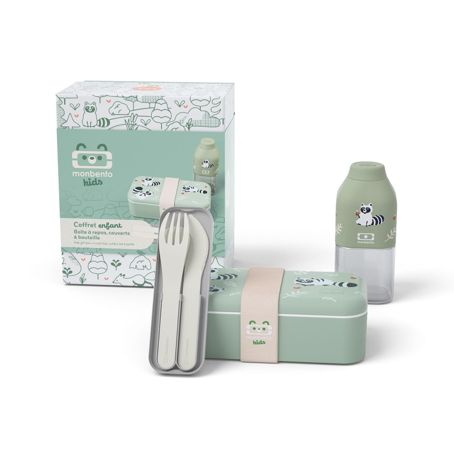 monbento-mb-foodie-coffret-enfant-vert-raccoon-500-ml-gourde image 1